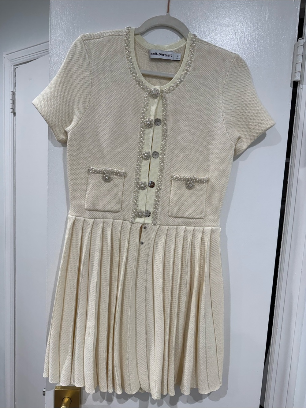 Self-Portrait Cream Short-Sleeve Pleated Mini Dress
